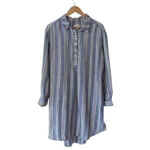 Caslon Linen Shirt Dress Large Blue White Striped Breathable Beach Coastal